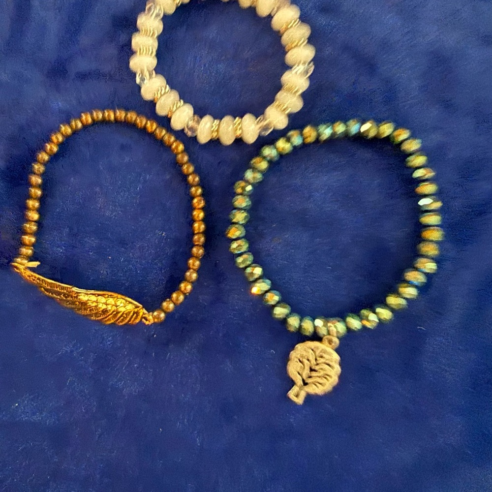 Beaded Stretch Bracelet Trio - Green, Gold, Ivory